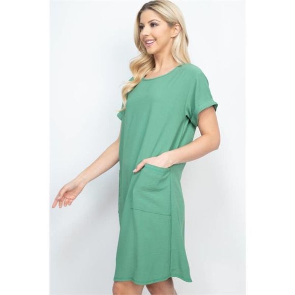 Green Rolled Sleeve Shift Dress with Pockets - Picture 5 of 8